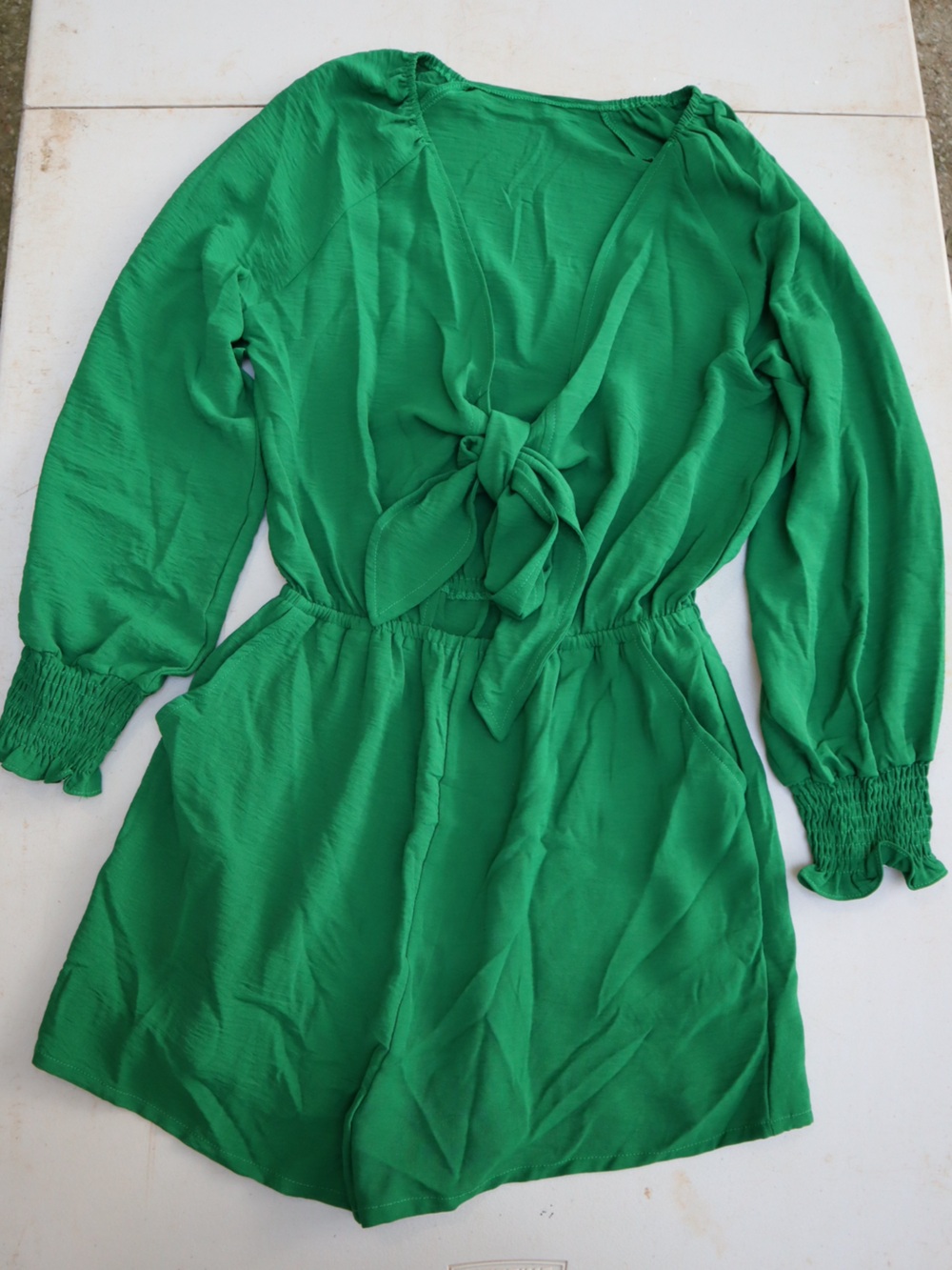 Women’s Green Tie-Front Long Sleeve Romper